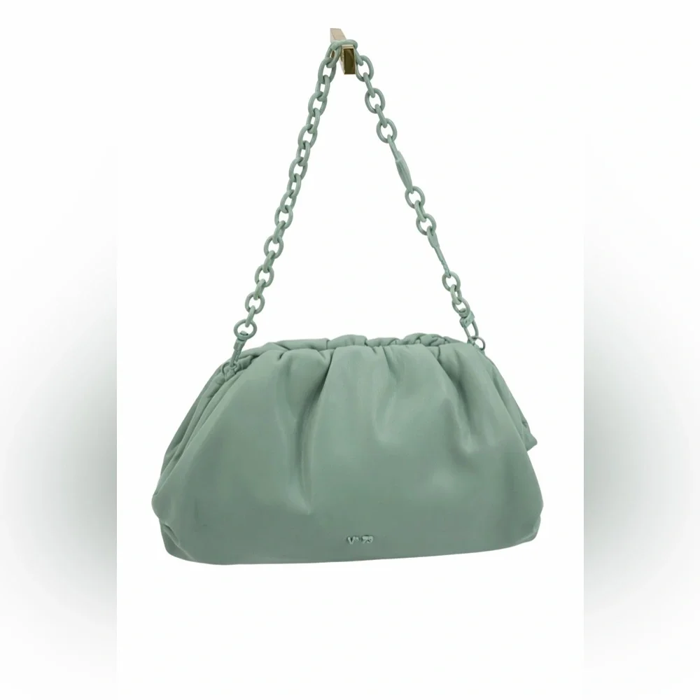 V°73 Sage Green Ruched Shoulder Bag with Chain Strap Soft Pebble Leather Purse